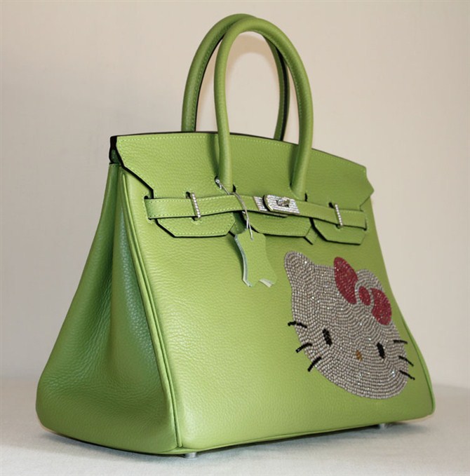 High Quality Fake Hermes Birkin Hello Kitty 35CM Togo Leather Bag Green HK0001 (1)